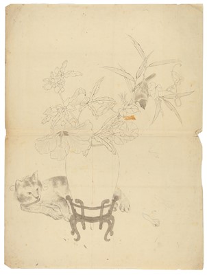 Lot 107 - A Japanese ink on paper painting of cat with vase of flowers, Edo period