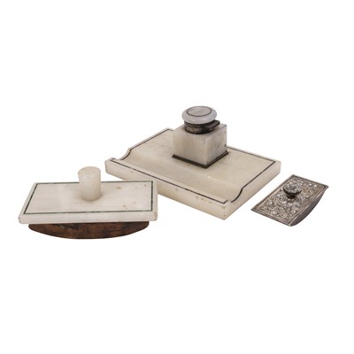 Lot 37 - A white alabaster lapis inlaid inkstand with silver mounts