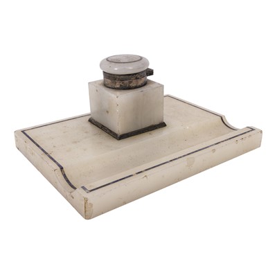 Lot 37 - A white alabaster lapis inlaid inkstand with silver mounts