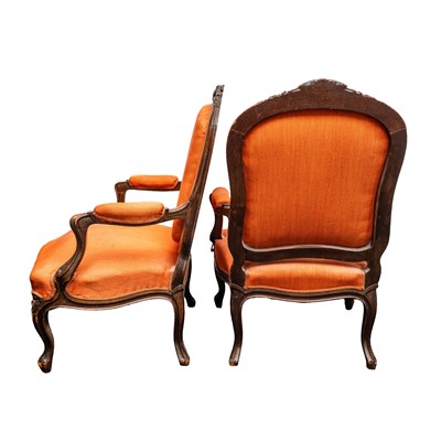 Lot 5 - A pair of Louis XV style walnut fauteuil armchairs, late 19th century