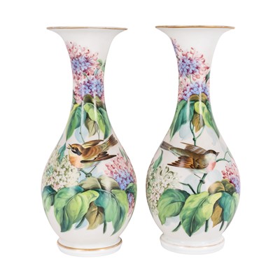 Lot 168 - A pair of French hand-painted opaque glass vases, late 19th century