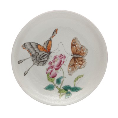 Lot 314 - A Chinese famille-rose ruby-back 'butterflies' dish, Qing dynasty, 18th century