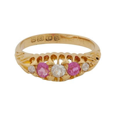 Lot 112 - A pink sapphire and diamond five stone ring, circa 1901