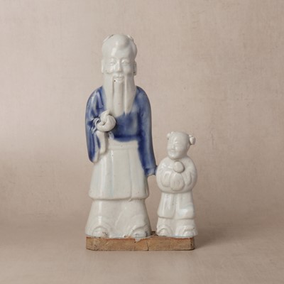 Lot 145 - A Chinese export glazed-biscuit 'immortal and child' figure group, Qing dynasty, Qianlong period
