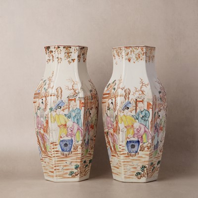 Lot 160 - A fine pair of Chinese famille-rose hexagonal vases, Qing dynasty, Qianlong period