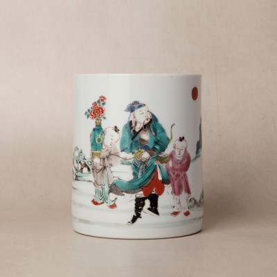 Lot 47 - A Chinese famille-rose 'Hou Yi' brushpot, bitong, Qing dynasty, Kangxi/Yongzheng period