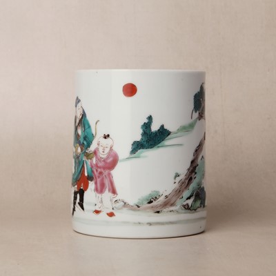 Lot 47 - A Chinese famille-rose 'Hou Yi' brushpot, bitong, Qing dynasty, Kangxi/Yongzheng period