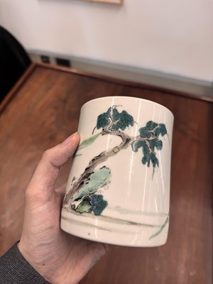 Lot 47 - A Chinese famille-rose 'Hou Yi' brushpot, bitong, Qing dynasty, Kangxi/Yongzheng period