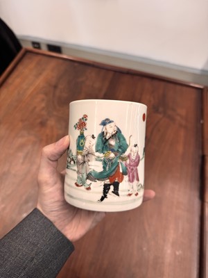 Lot 47 - A Chinese famille-rose 'Hou Yi' brushpot, bitong, Qing dynasty, Kangxi/Yongzheng period