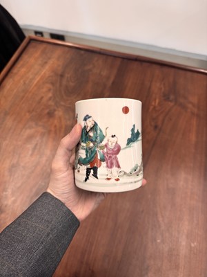 Lot 47 - A Chinese famille-rose 'Hou Yi' brushpot, bitong, Qing dynasty, Kangxi/Yongzheng period