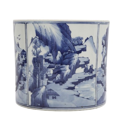 Lot 335 - A Chinese blue and white 'landscape' brush pot, 20th century, Wenzhang shandou mark