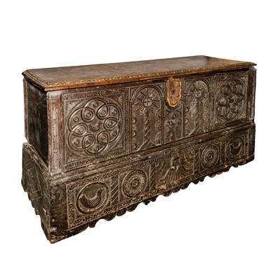 Lot 53 - A Continental oak coffer, believed first half of the 17th century