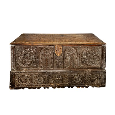 Lot 53 - A Continental oak coffer, believed first half of the 17th century