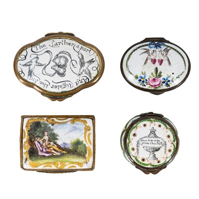 Lot 133 - A group of four Bilston enamel pill boxes, circa 1770-1800