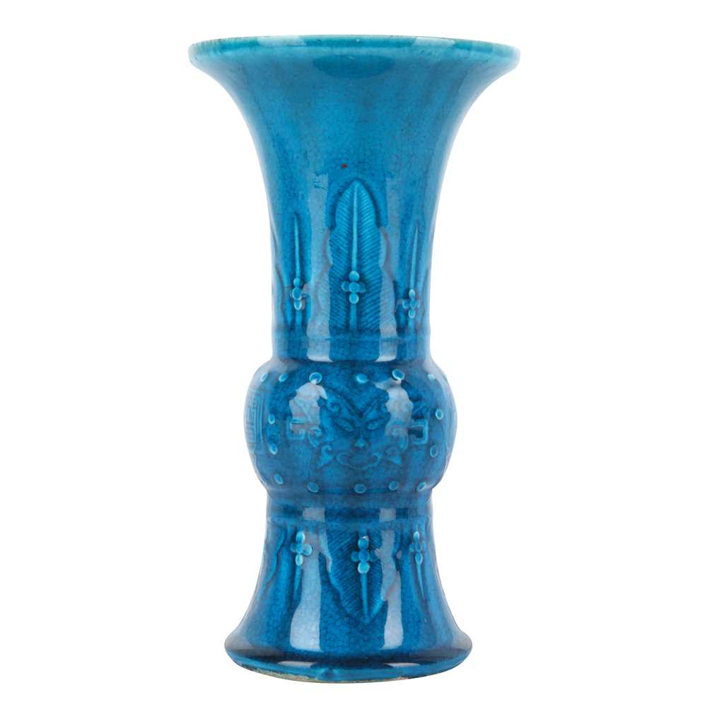 Lot 74 - A Chinese monochrome turquoise-glazed incised 'gu' vase, Qing dynasty, 18th century