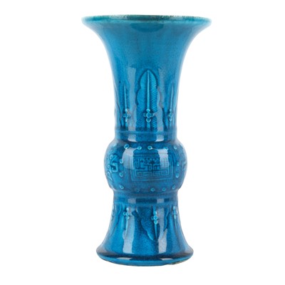 Lot 74 - A Chinese monochrome turquoise-glazed incised 'gu' vase, Qing dynasty, 18th century