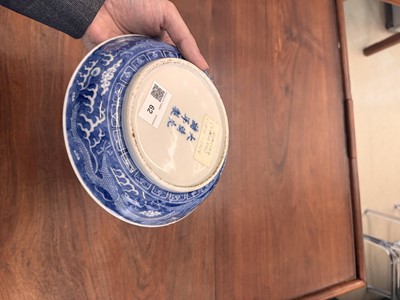Lot 62 - A Chinese blue and white 'dragon' dish, Qing dynasty, Guangxu mark and of the period