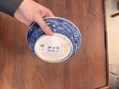 Lot 62 - A Chinese blue and white 'dragon' dish, Qing dynasty, Guangxu mark and of the period