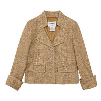 Lot 134 - Chanel Beige Silk CC Tweed Jacket - Size 40