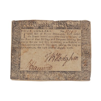 Lot 358 - Maryland Four Dollars Colonial Note, 14th August 1776