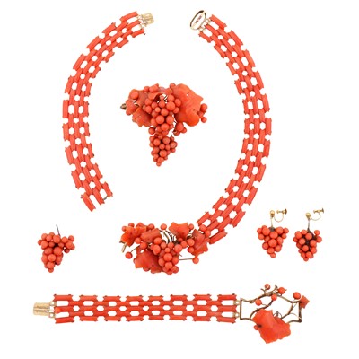 Lot 95 - A coral necklace, bracelet, brooch and earring suite, circa 1880