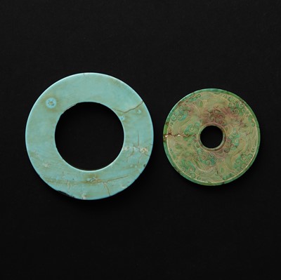 Lot 135 - Two Chinese archaistic turquoise bi discs, 18th century or earlier