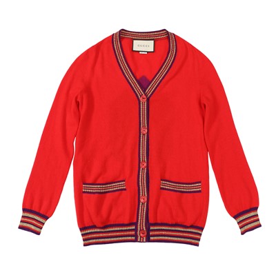 Lot 56 - Gucci Red Wool Graphic Knit Cardigan - Size M
