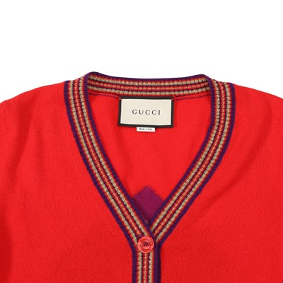 Lot 56 - Gucci Red Wool Graphic Knit Cardigan - Size M