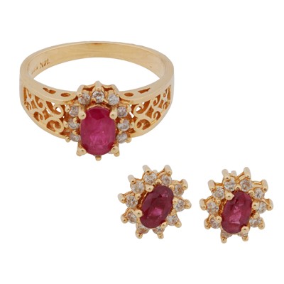 Lot 61 - A ruby and diamond ring and earring suite