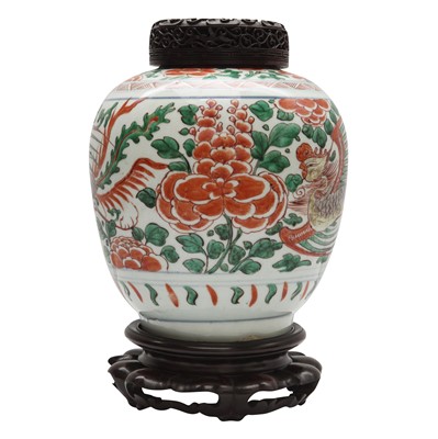 Lot 41 - A Chinese wucai 'phoenix' jar, Transitional period, 17th century