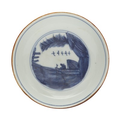 Lot 45 - A Chinese blue and white saucer dish, Tianqi period, Yongbao changchun mark