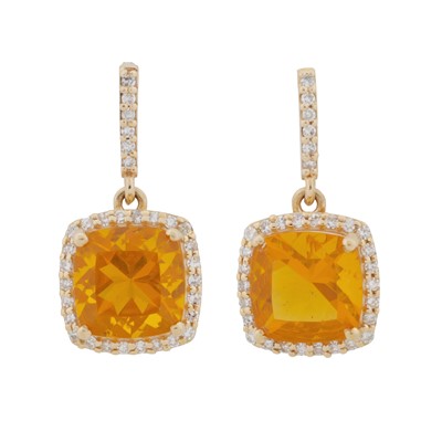 Lot 301 - A pair of fire opal and diamond pendent earrings