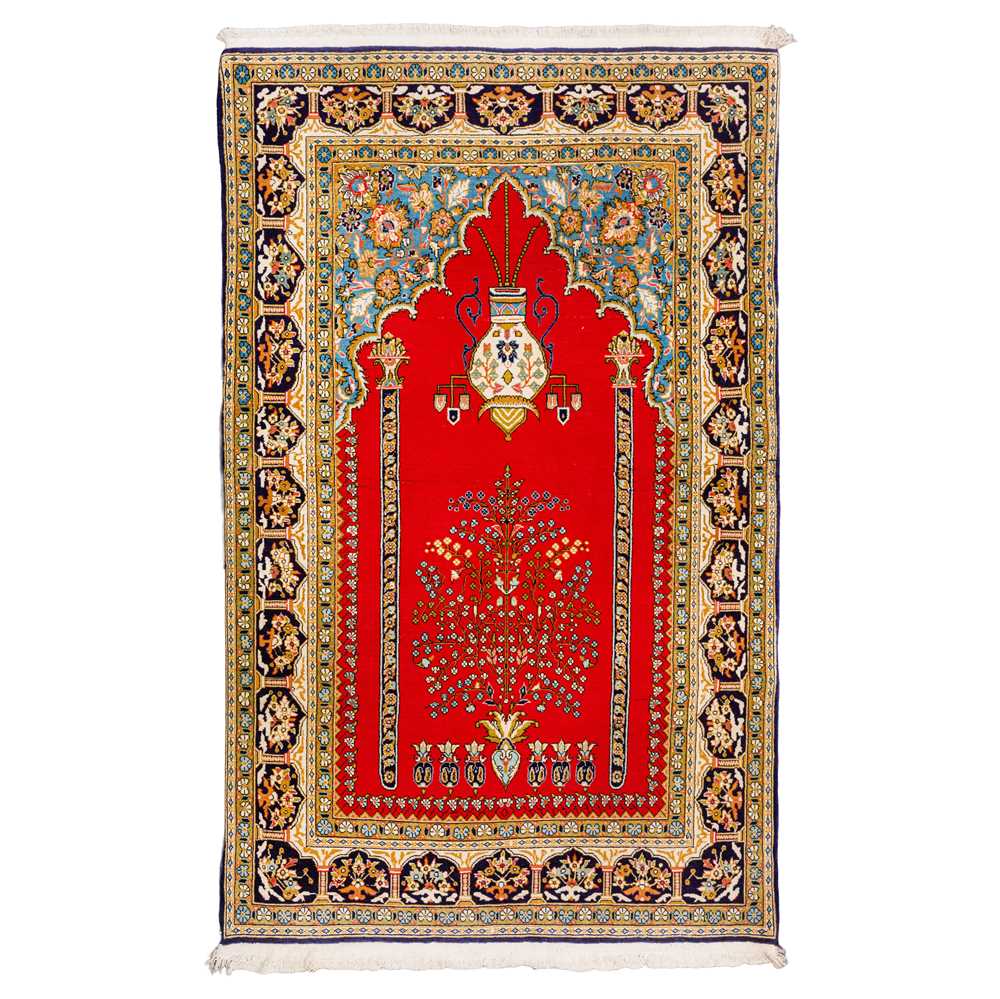 Lot 29 - A fine part silk Qum prayer rug, central
