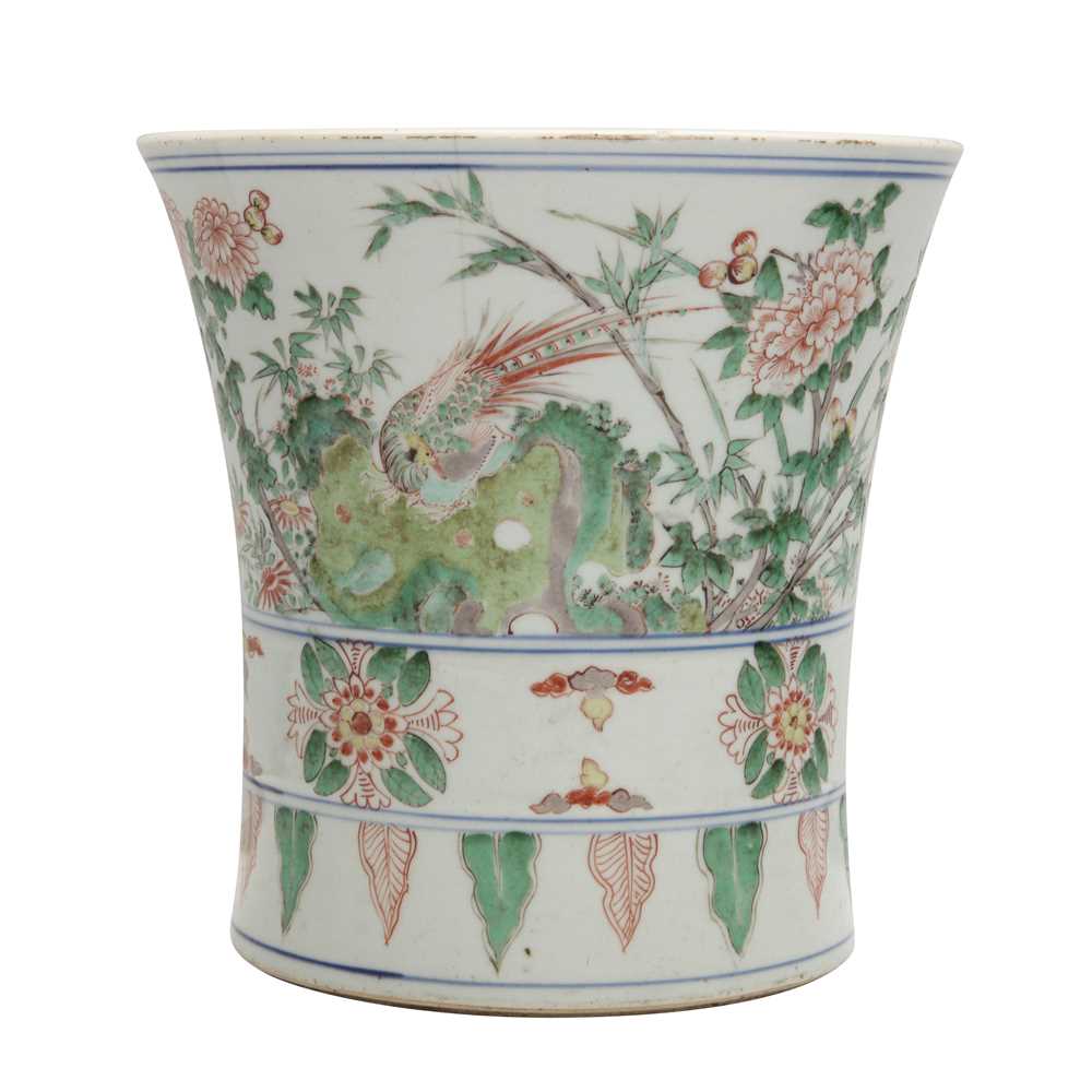 Lot 43 - A Chinese wucai beaker vase, gu, Qing dynasty, Shunzhi period