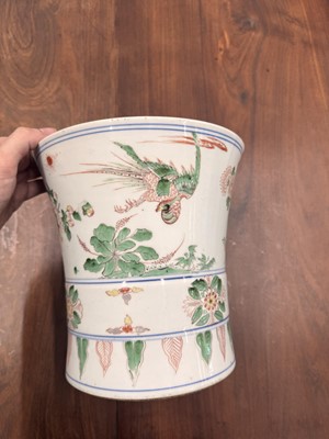 Lot 43 - A Chinese wucai beaker vase, gu, Qing dynasty, Shunzhi period