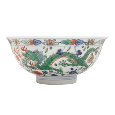 Lot 362 - A Chinese wucai 'dragon' bowl, Qianlong mark and possibly of the period
