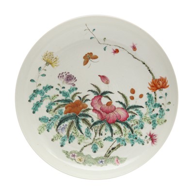 Lot 450 - A Chinese famille-rose gilt-decorated 'blossoms' dish, 20th century, Xuantong mark