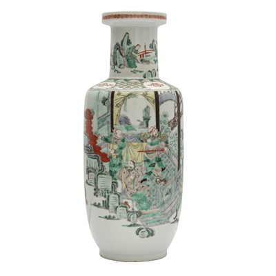 Lot 777 - A Chinese famille-verte 'warriors' rouleau vase, 19th century