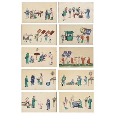 Lot 724 - Ten Chinese 'procession' pith paintings, Qing dynasty, 19th century