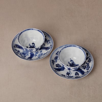 Lot 9 - A pair of fine Chinese export eggshell 'lady' cups and saucers, Qing dynasty, Kangxi period