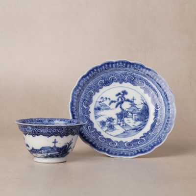 Lot 173 - A rare Chinese export soft paste 'landscape' cup and saucer, Qing dynasty, Yongzheng period