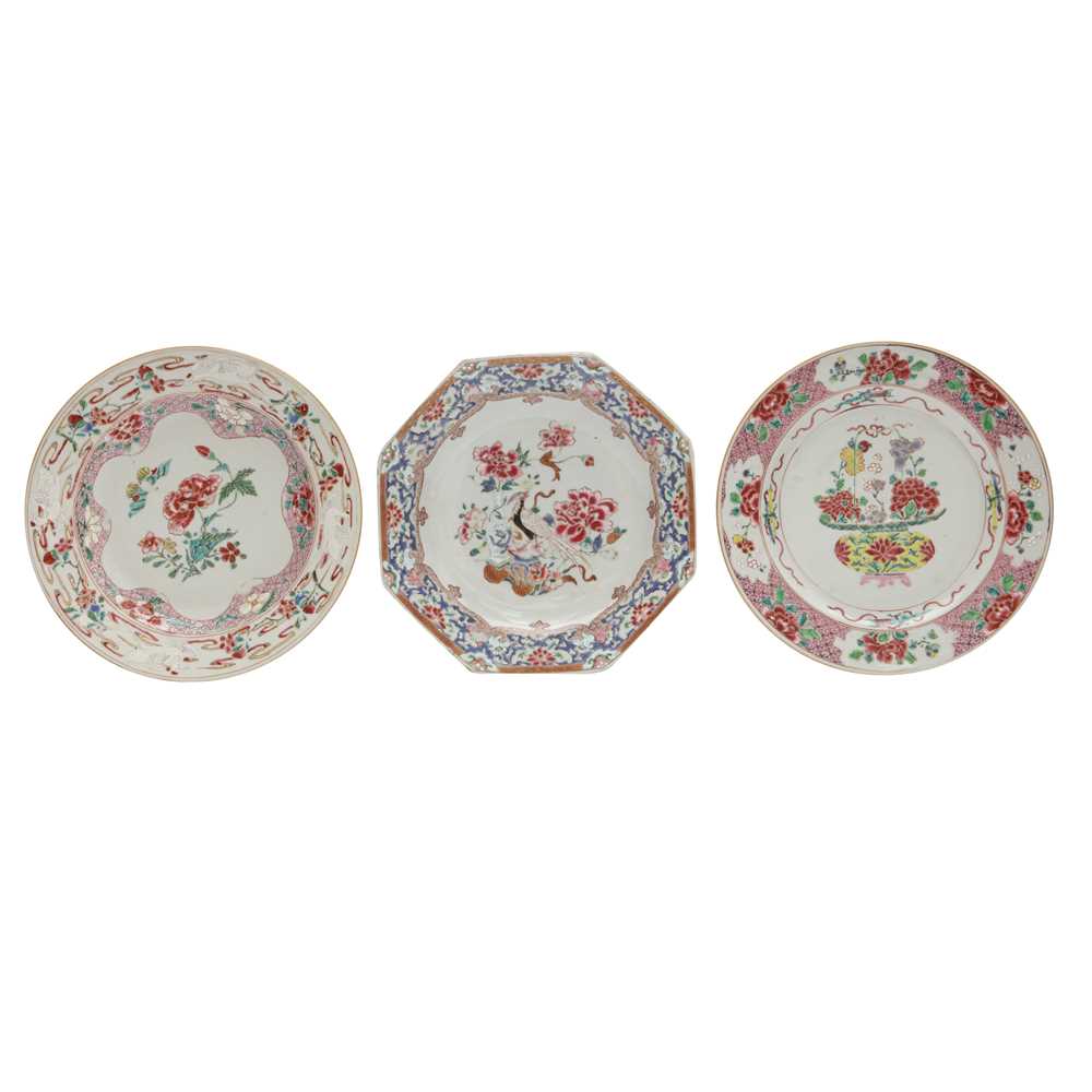 Lot 545 - Three Chinese famille-rose 'floral' dishes, Qing dynasty, Qianlong period