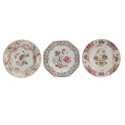 Lot 545 - Three Chinese famille-rose 'floral' dishes, Qing dynasty, Qianlong period