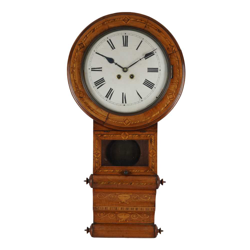Lot 52 - A late 19th century walnut and marquetry inlaid drop dial wall clock