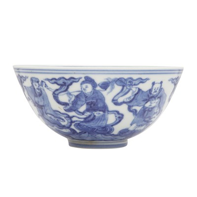 Lot 61 - A Chinese blue and white 'Eight Daoist Immortals' bowl, Qing dynasty, Tongzhi period