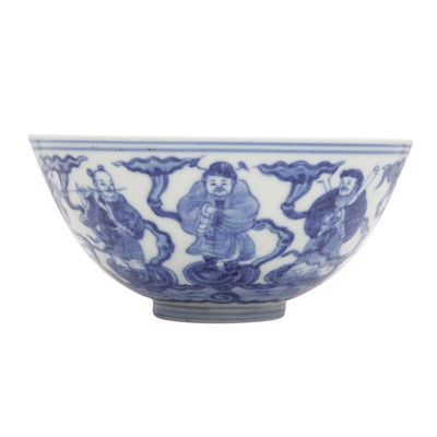 Lot 61 - A Chinese blue and white 'Eight Daoist Immortals' bowl, Qing dynasty, Tongzhi period
