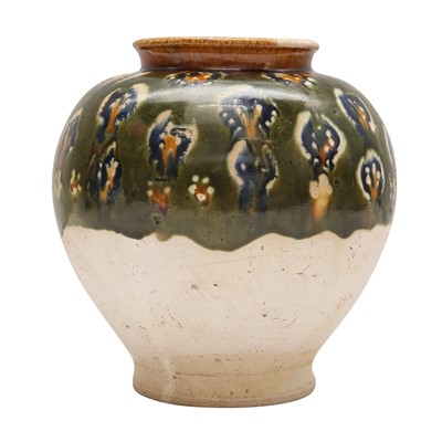 Lot 681 - A fine Chinese sancai and blue-glazed pottery jar, Tang dynasty