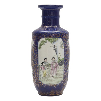 Lot 737 - A Chinese famille-rose powder-blue rouleau vase, Republic period