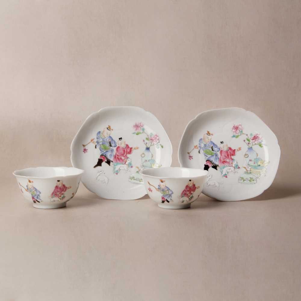 Lot 50 - A pair of fine Chinese famille-rose semi-eggshell 'boys' cups and saucers, Qing dynasty, Yongzheng period