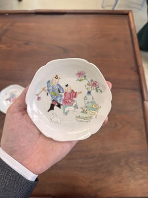 Lot 50 - A pair of fine Chinese famille-rose semi-eggshell 'boys' cups and saucers, Qing dynasty, Yongzheng period